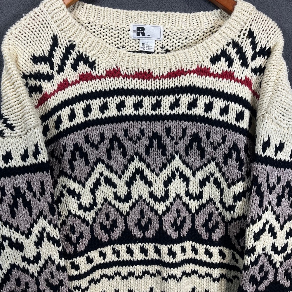 Reunion Vintage Silk Blend Chunky Knit Fair Isle Sweater Mens Large Cream Red